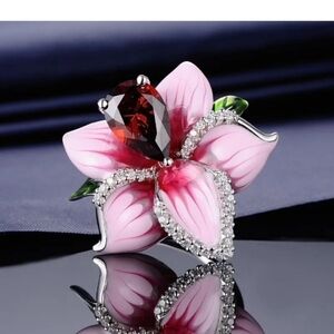 Red and pink flower ring 925 silver cubic red stone